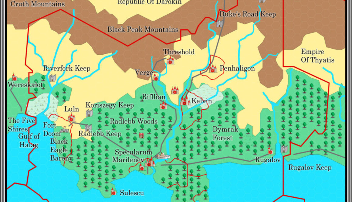 The Grand Duchy of Karameikos, 8 miles per hex by Alan Derek Jones, August 2001, exported in high resolution by Thorfinn Tait, April 2025
