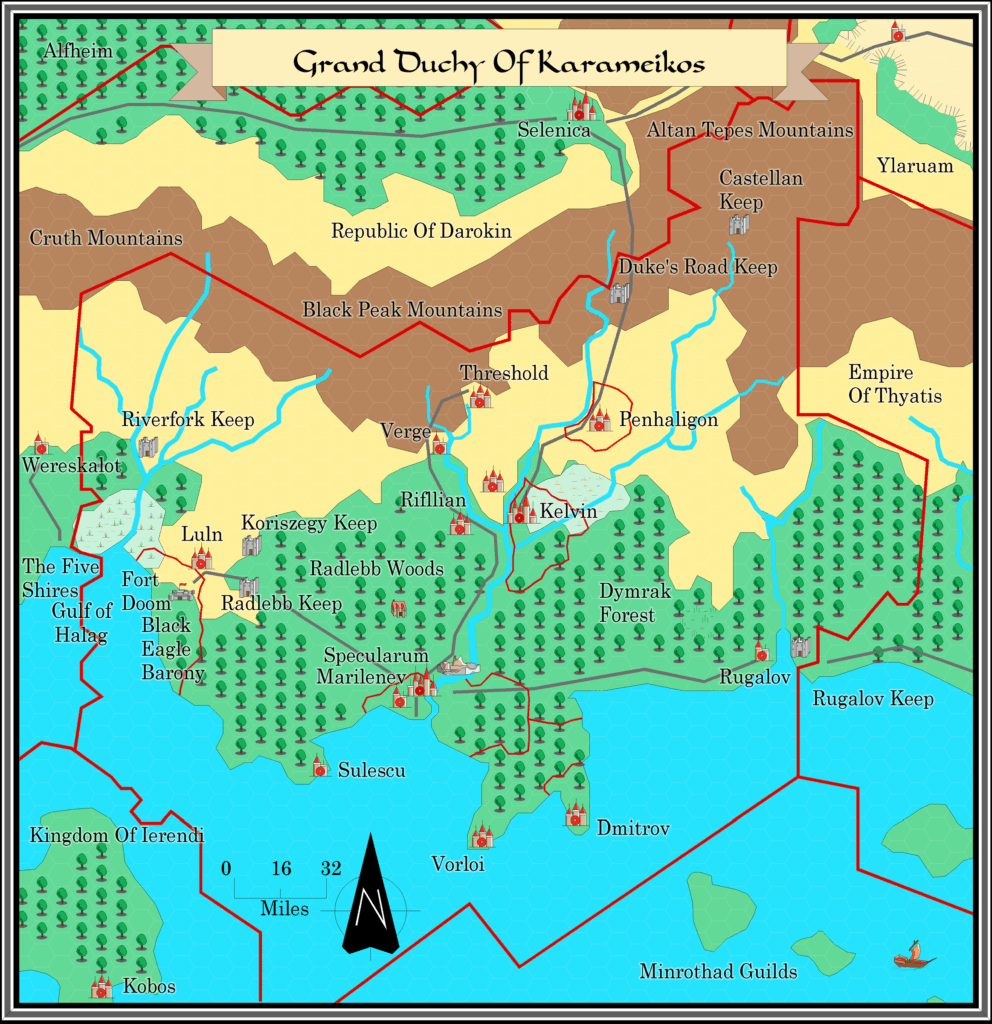 The Grand Duchy of Karameikos, 8 miles per hex by Alan Derek Jones, August 2001, exported in high resolution by Thorfinn Tait, April 2025