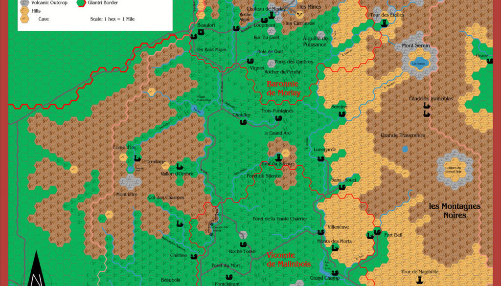 La Vallée des Loups, 1 mile per hex by Alan Derek Jones, March 2003, exported in high resolution by Thorfinn Tait, April 2025