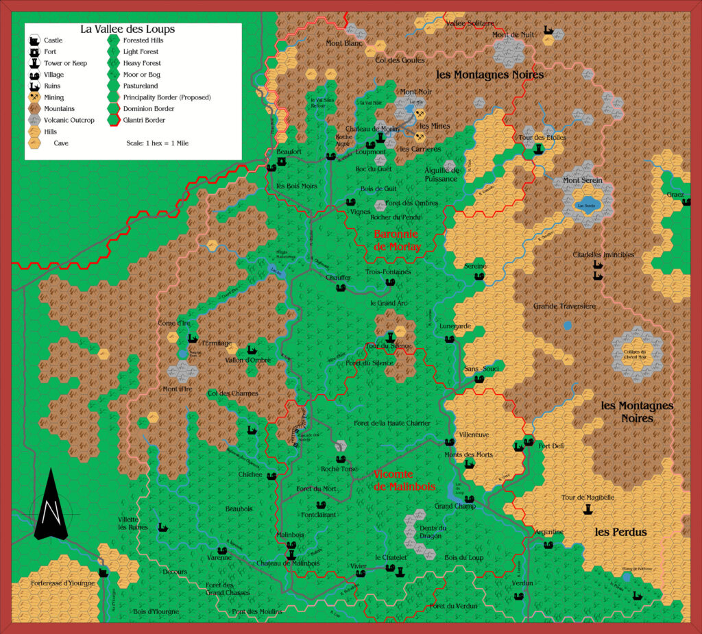 La Vallée des Loups, 1 mile per hex by Alan Derek Jones, March 2003, exported in high resolution by Thorfinn Tait, April 2025