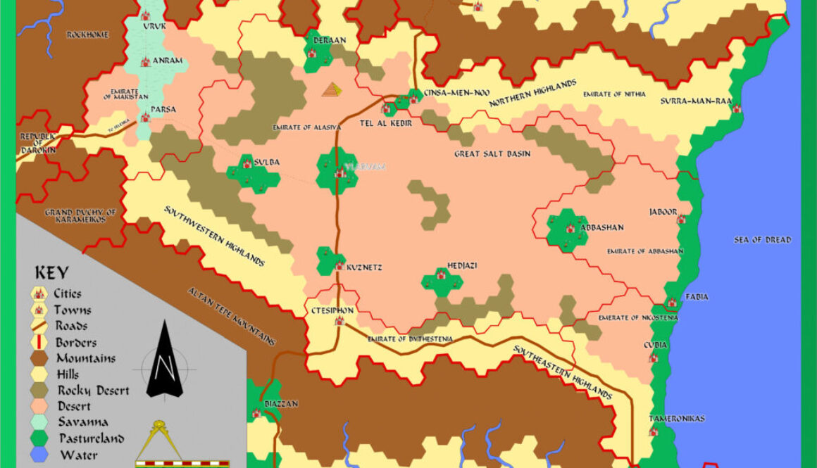 The Emirates of Ylaruam, 8 miles per hex by Alan Derek Jones, August 2001, exported in high resolution by Thorfinn Tait, April 2025
