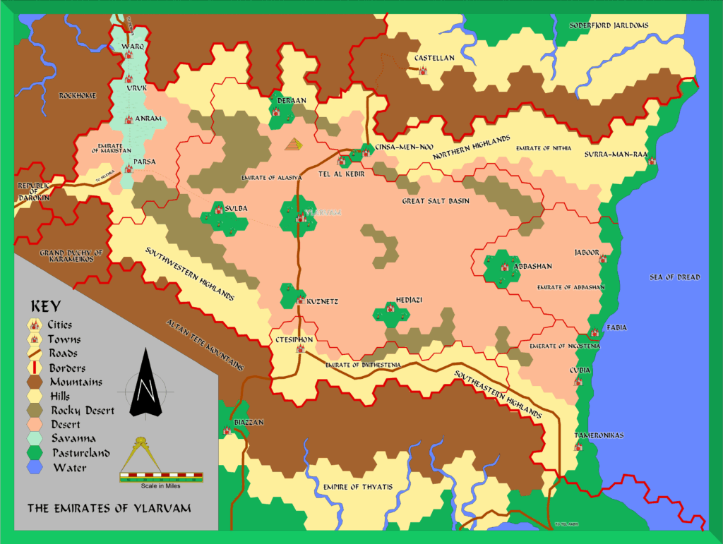 The Emirates of Ylaruam, 8 miles per hex by Alan Derek Jones, August 2001, exported in high resolution by Thorfinn Tait, April 2025