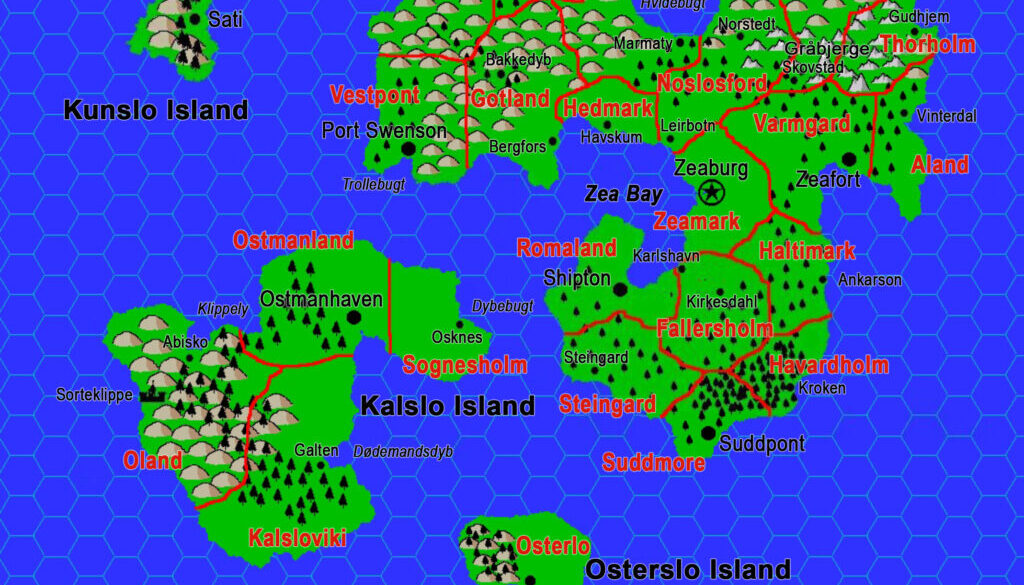 Ostland, 8 miles per hex by Jacob Skytte, February 2000 to August 2002; combined by Thorfinn Tait, March 2025