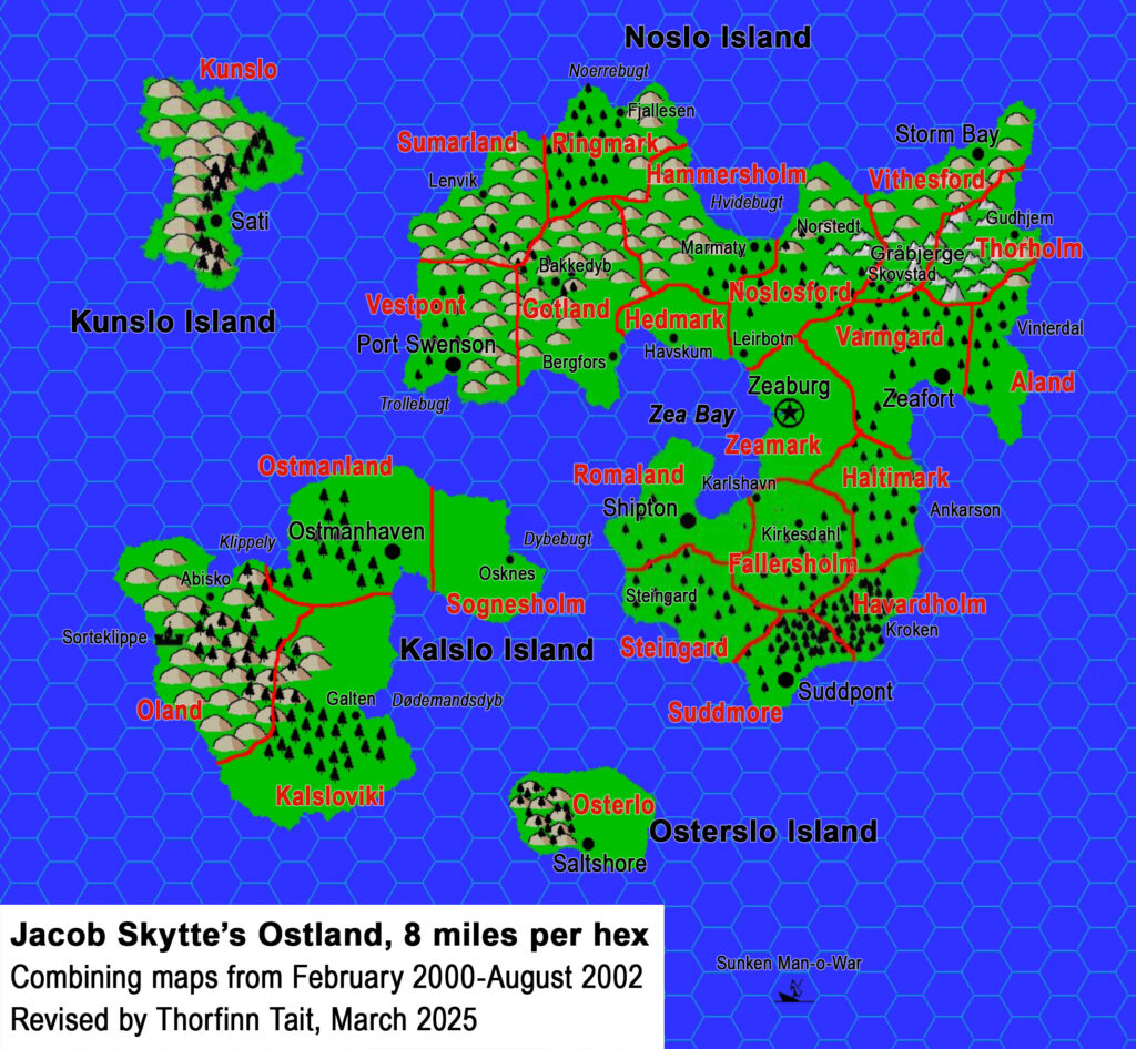 Ostland, 8 miles per hex by Jacob Skytte, February 2000 to August 2002; combined by Thorfinn Tait, March 2025
