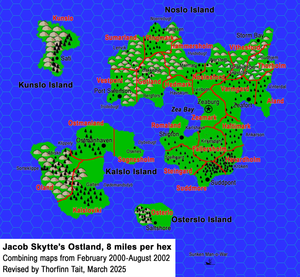 Ostland, 8 miles per hex by Jacob Skytte, February 2000 to August 2002; combined by Thorfinn Tait, March 2025