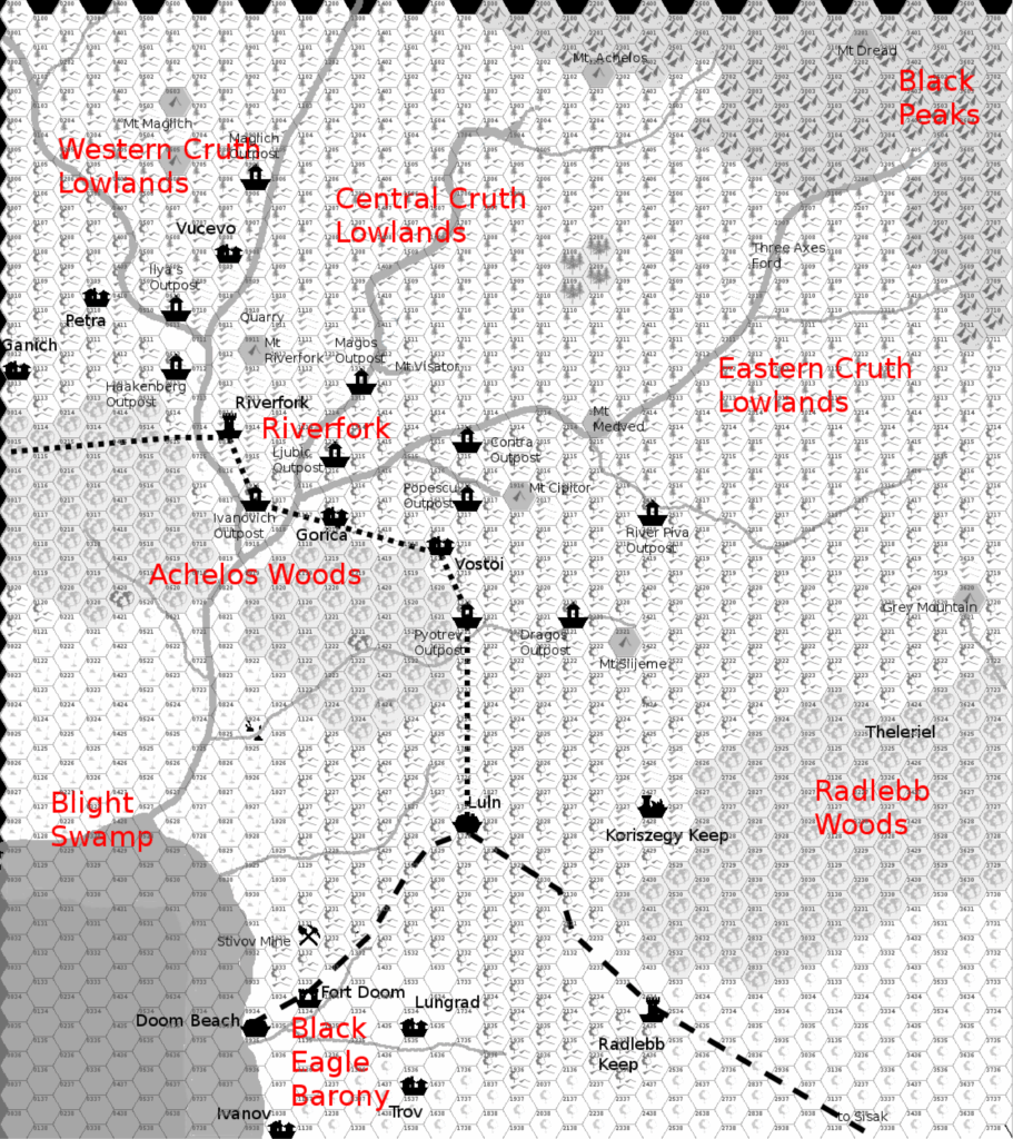 Players’ Map of the Cruth Lowlands, 2.7 miles per hex by Giampaolo Agosta, March 2012