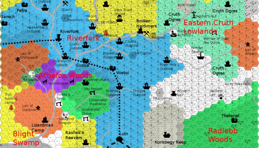 Cruth Lowlands Political, 2.7 miles per hex by Giampaolo Agosta, March 2012