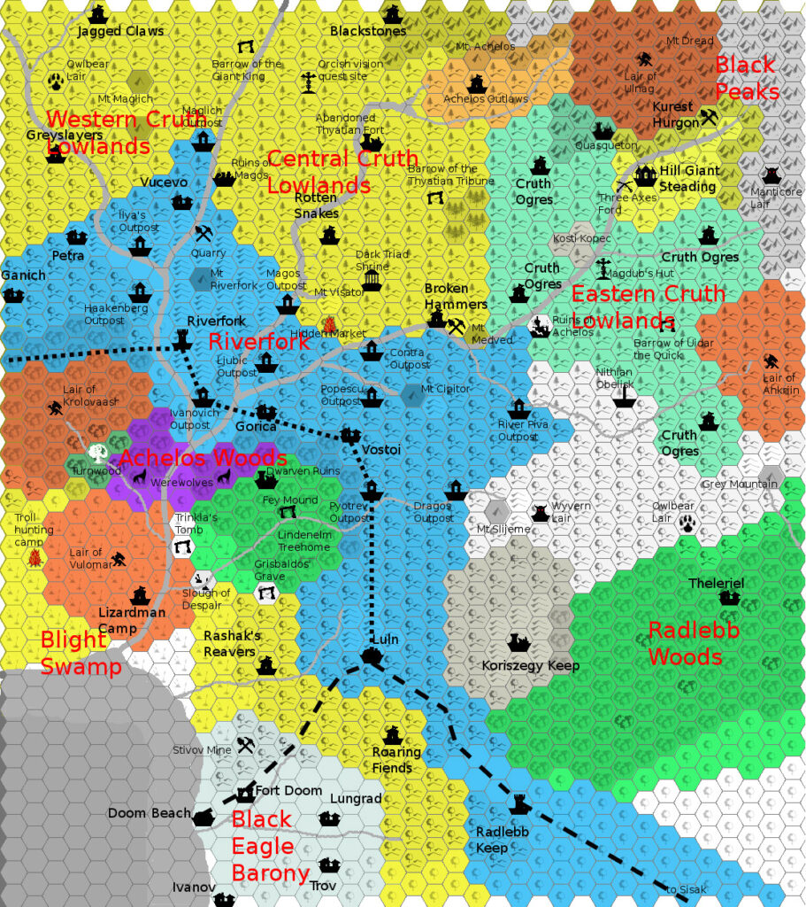 Cruth Lowlands Political, 2.7 miles per hex by Giampaolo Agosta, March 2012