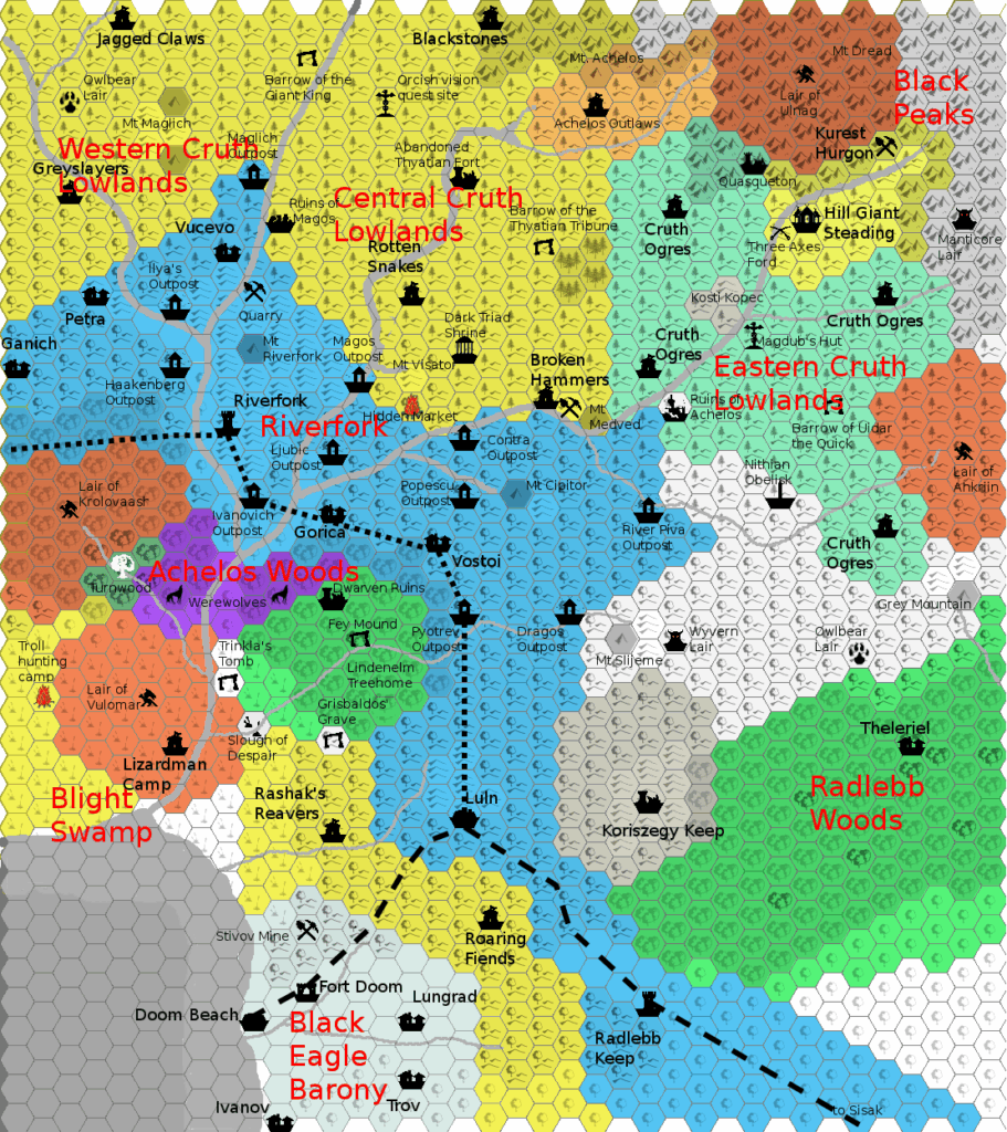 Cruth Lowlands Political, 2.7 miles per hex by Giampaolo Agosta, March 2012