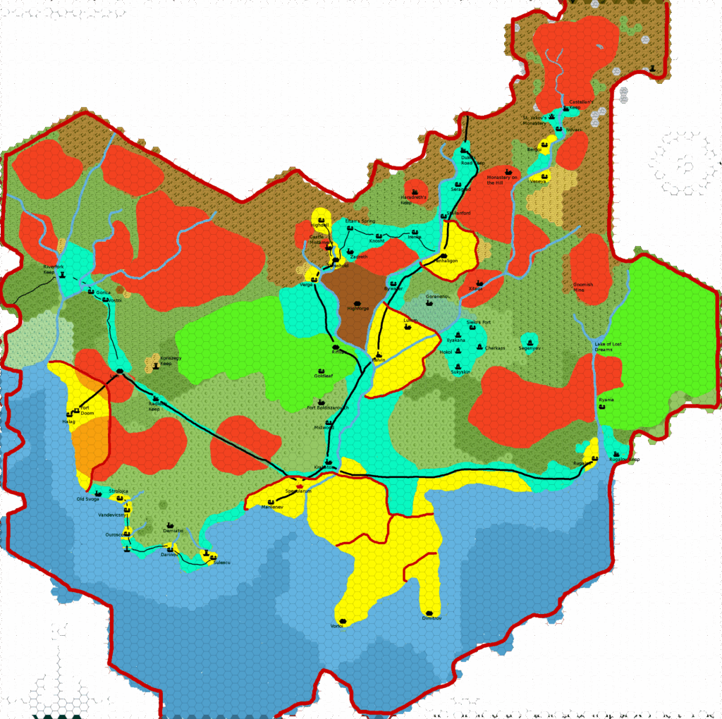 Karameikos Political, 3.2 miles per hex by Giampaolo Agosta, October 2009