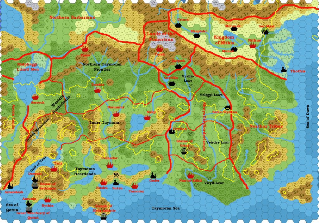 Taymora 2000 BC, 24 miles per hex v2 with 1000 AC coastlines for comparison by Giampaolo Agosta, July 2016