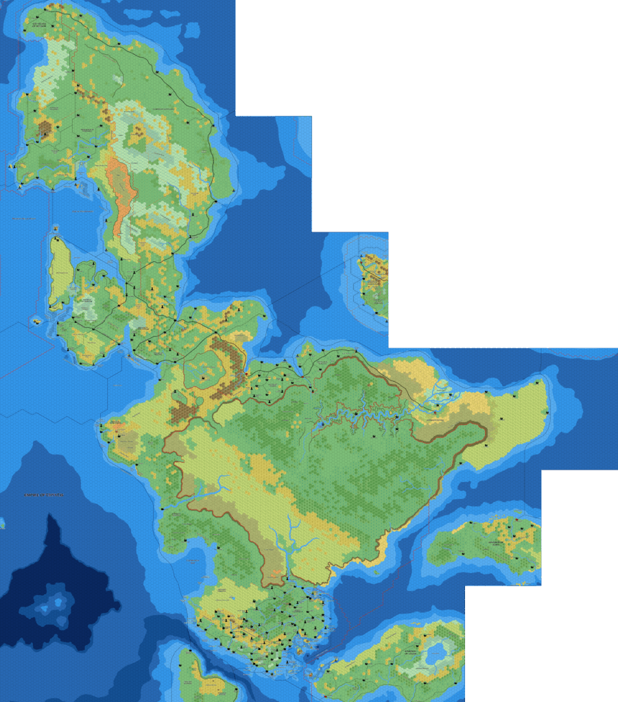 The Isle of Dawn, 8 miles per hex by Mark Howard, July 2021