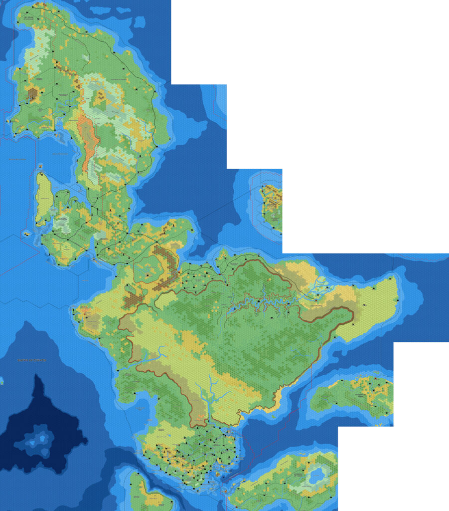 The Isle of Dawn, 8 miles per hex by Mark Howard, July 2021