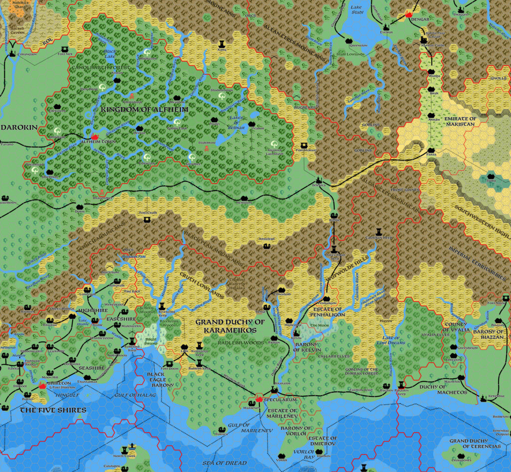 The Grand Duchy of Karameikos, 8 miles per hex v2 by Mark Howard, June 2019