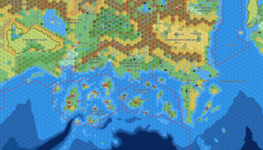 Known World and Sea of Dread, 24 miles per hex by Mark Howard, January 2022