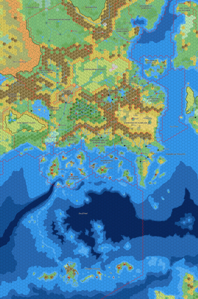 Known World and Sea of Dread, 24 miles per hex by Mark Howard, January 2022