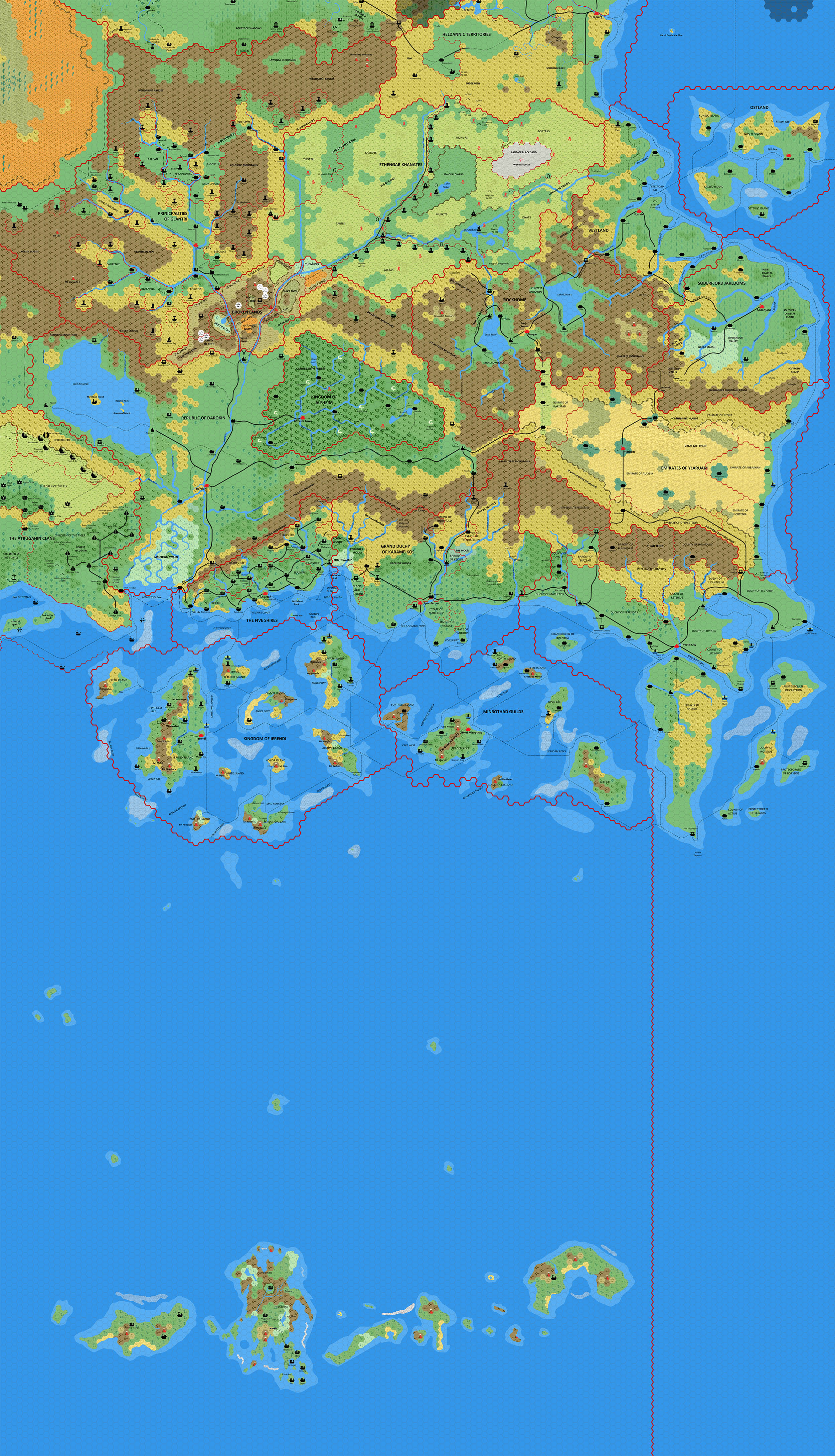 Known World and Sea of Dread, 8 miles per hex by Mark Howard, January 2019