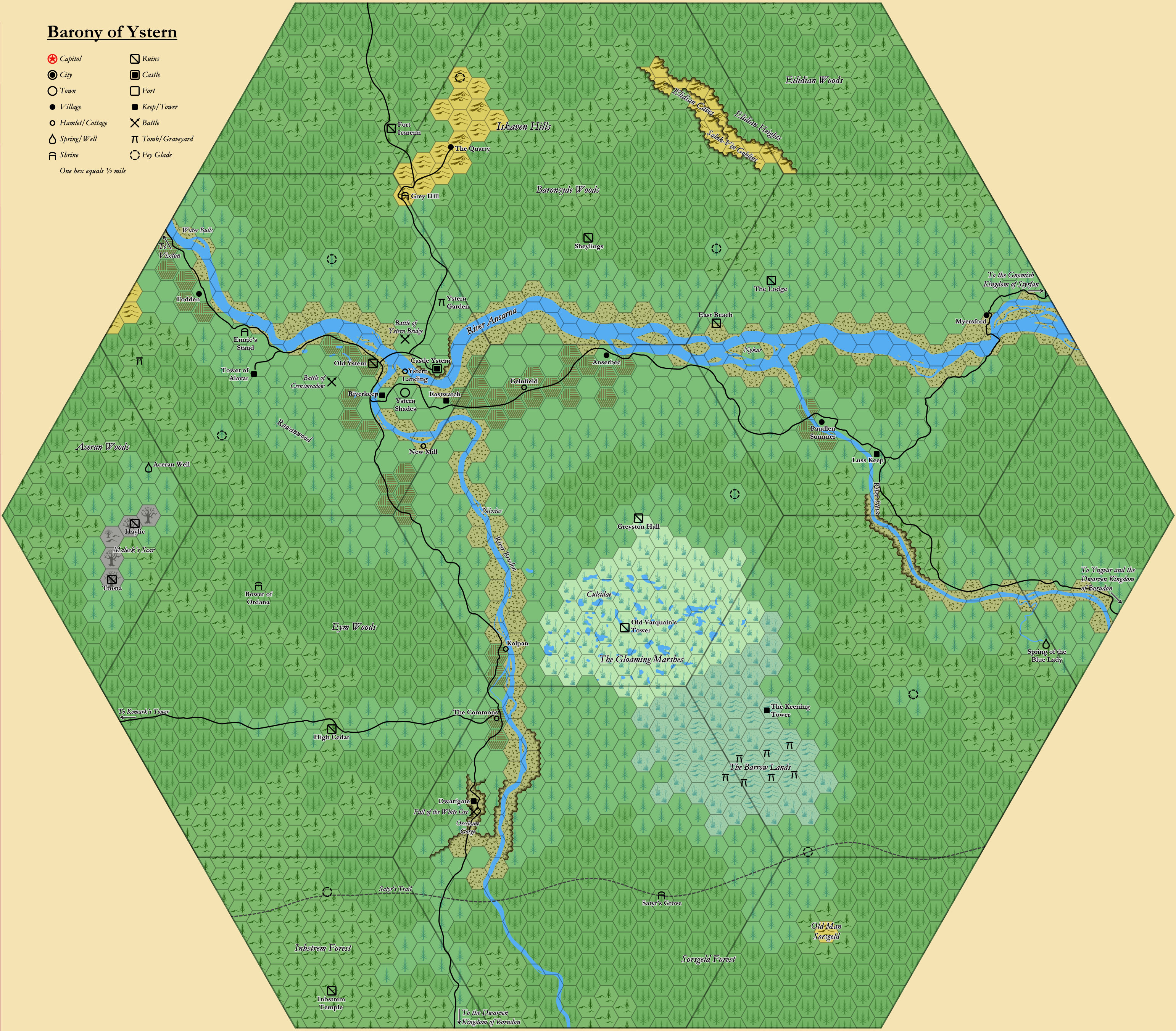 The Barony of Ystern, 0.5 miles per hex by Mark Howard, February 2022