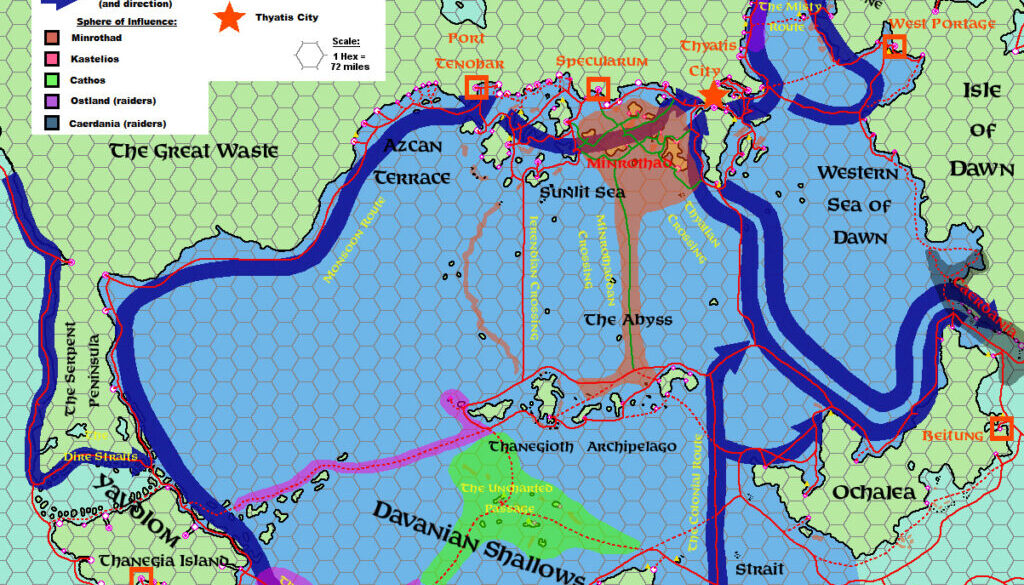 Gate Cities in the Sea of Dread, 72 miles per hex by Michele Carpita, June 2014