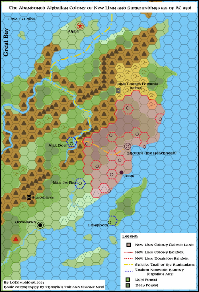 Norwold, 24 miles per hex with Abandoned Alphatian Colony shaded by Michele Carpita, March 2025