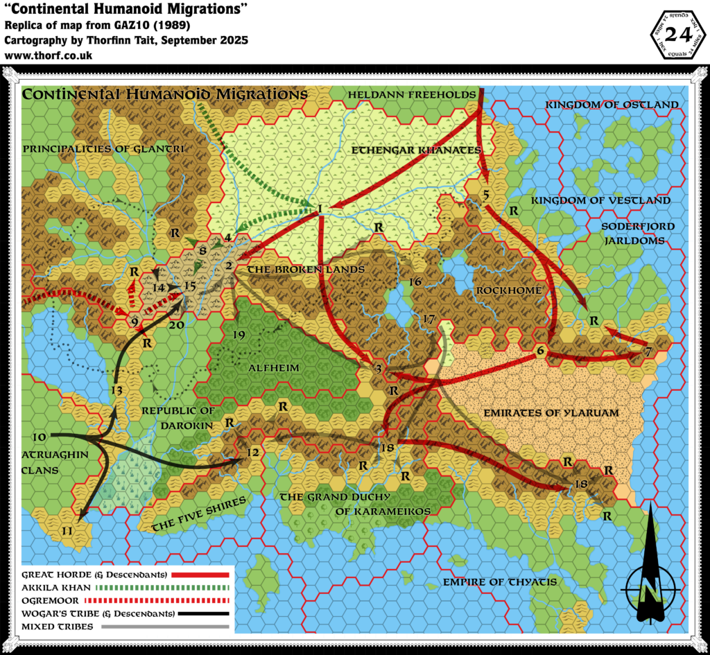 Replica of GAZ10’s map of Continental Humanoid Migrations, 24 miles per hex