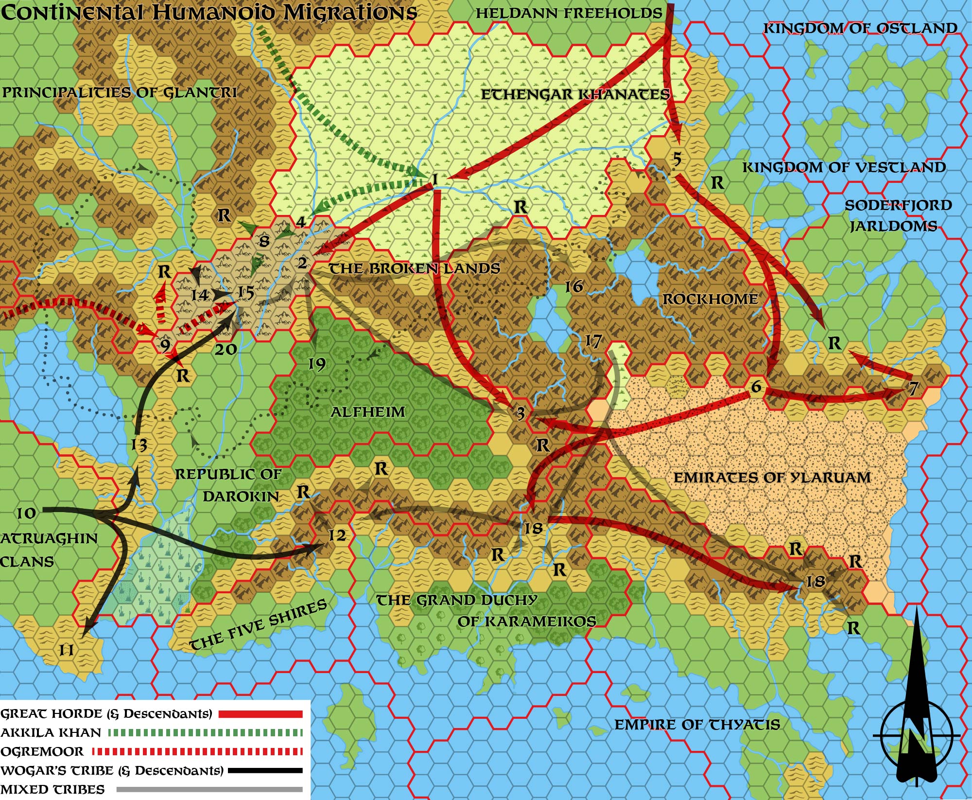 Replica of GAZ10’s map of Continental Humanoid Migrations, 24 miles per hex