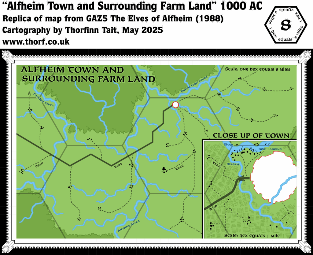 Replica of GAZ5’s map of Alfheim Town and Surrounding Farm Land, 8 miles per hex