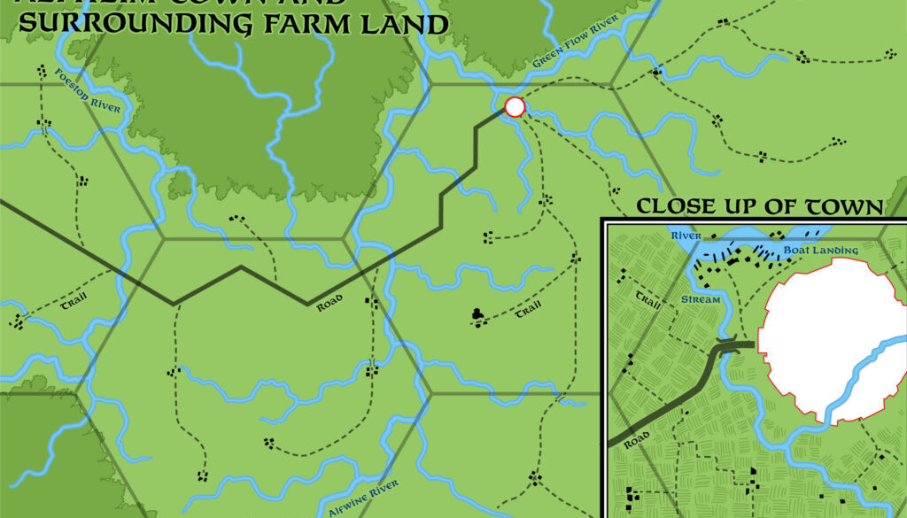 Replica of GAZ5’s map of Alfheim Town and Surrounding Farm Land, 8 miles per hex