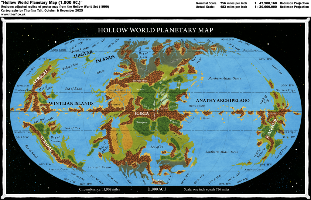 Redrawn adjusted Replica Map of the Hollow World Set Hollow World Planetary Map, December 2025