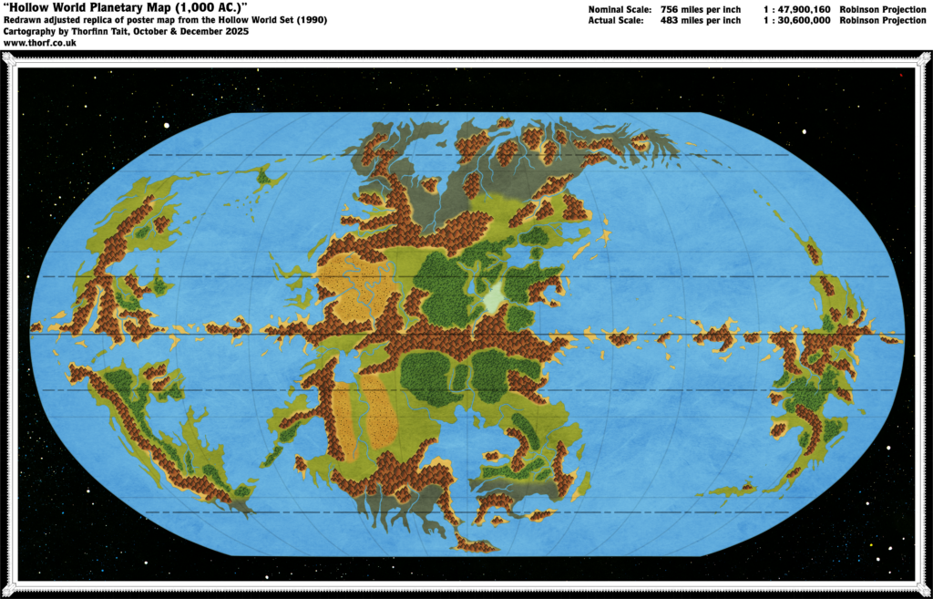 Blank redrawn adjusted Replica Map of the Hollow World Set Hollow World Planetary Map, December 2025