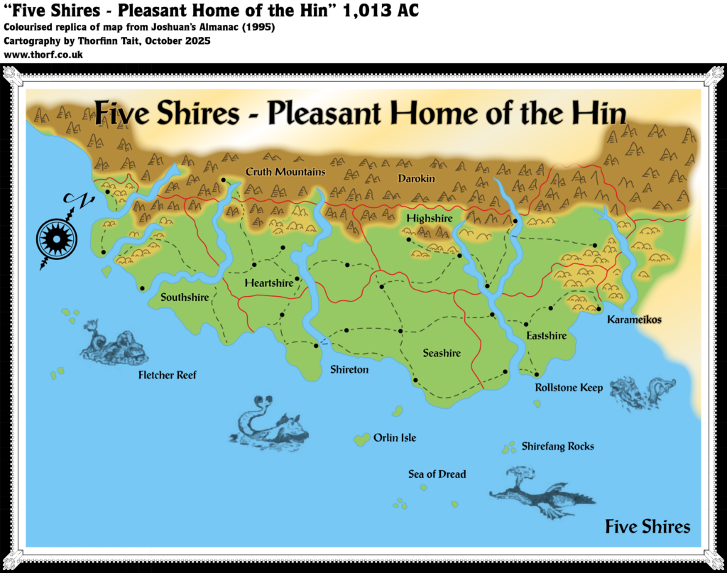 Colourised Replica Map of Joshuan’s Almanac map of the Five Shires, October 2025