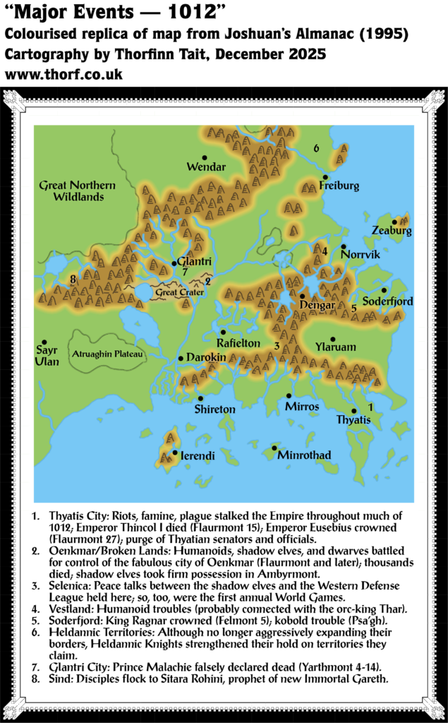 Colourised Replica Map of Joshuan’s Almanac map of the Known World 1012 AC, December 2025