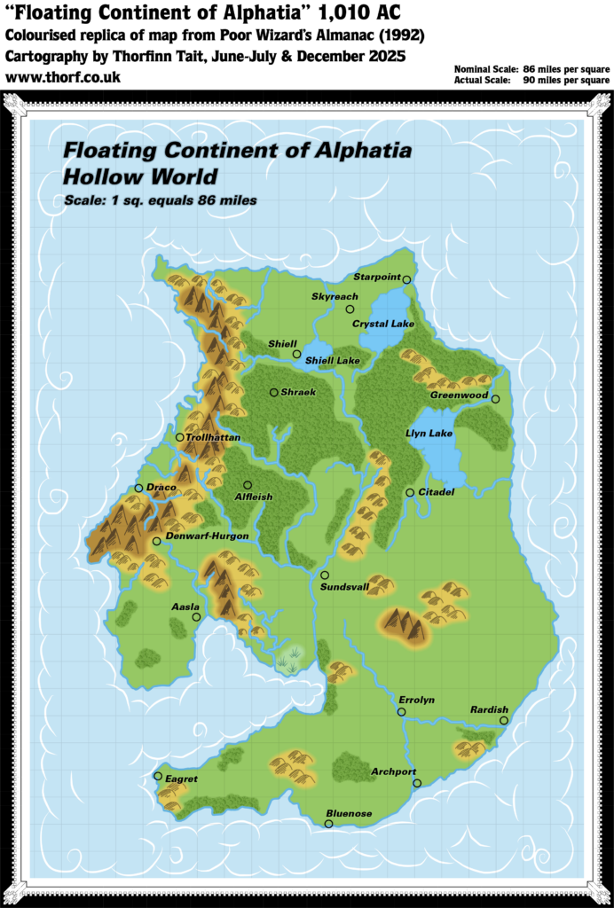Colourised Replica Map of Poor Wizard’s Almanac map of Alphatia, December 2025