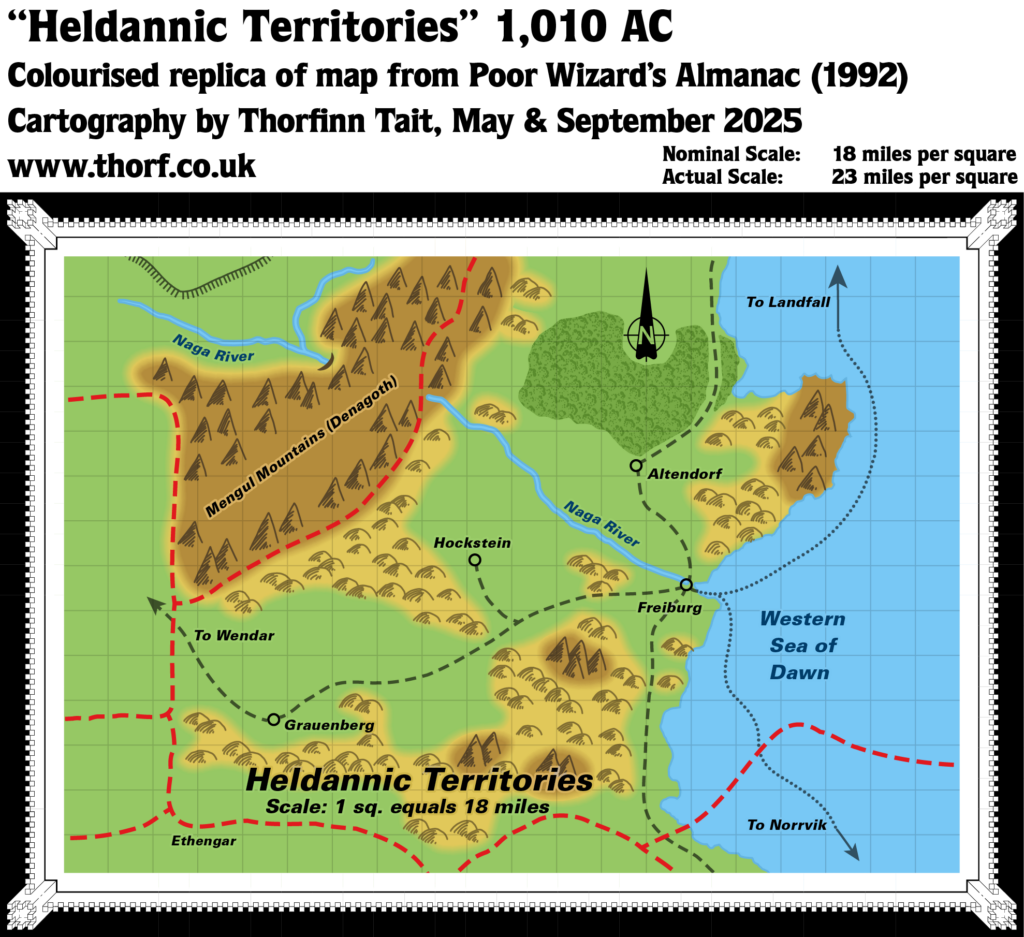 Colourised Replica Map of Poor Wizard’s Almanac map of the Heldannic Territories, September 2025