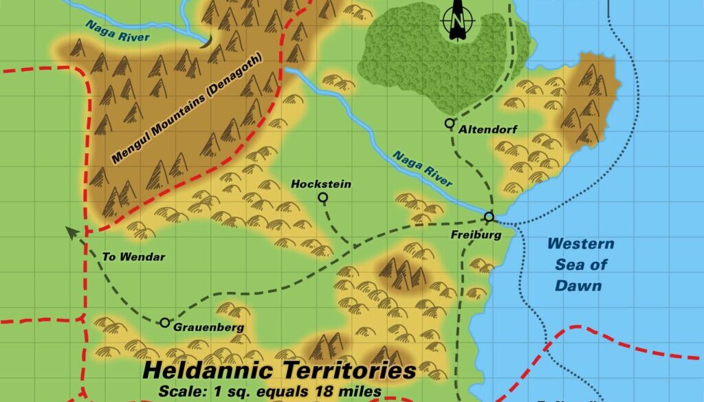 Colourised Replica Map of Poor Wizard’s Almanac map of the Heldannic Territories, September 2025