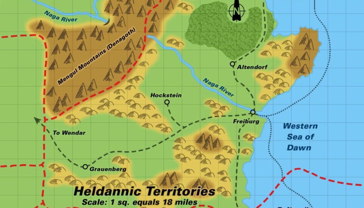 Colourised Replica Map of Poor Wizard’s Almanac map of the Heldannic Territories, September 2025
