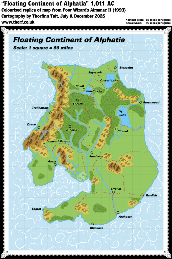 Colourised Replica Map of Poor Wizard’s Almanac II map of Alphatia, December 2025