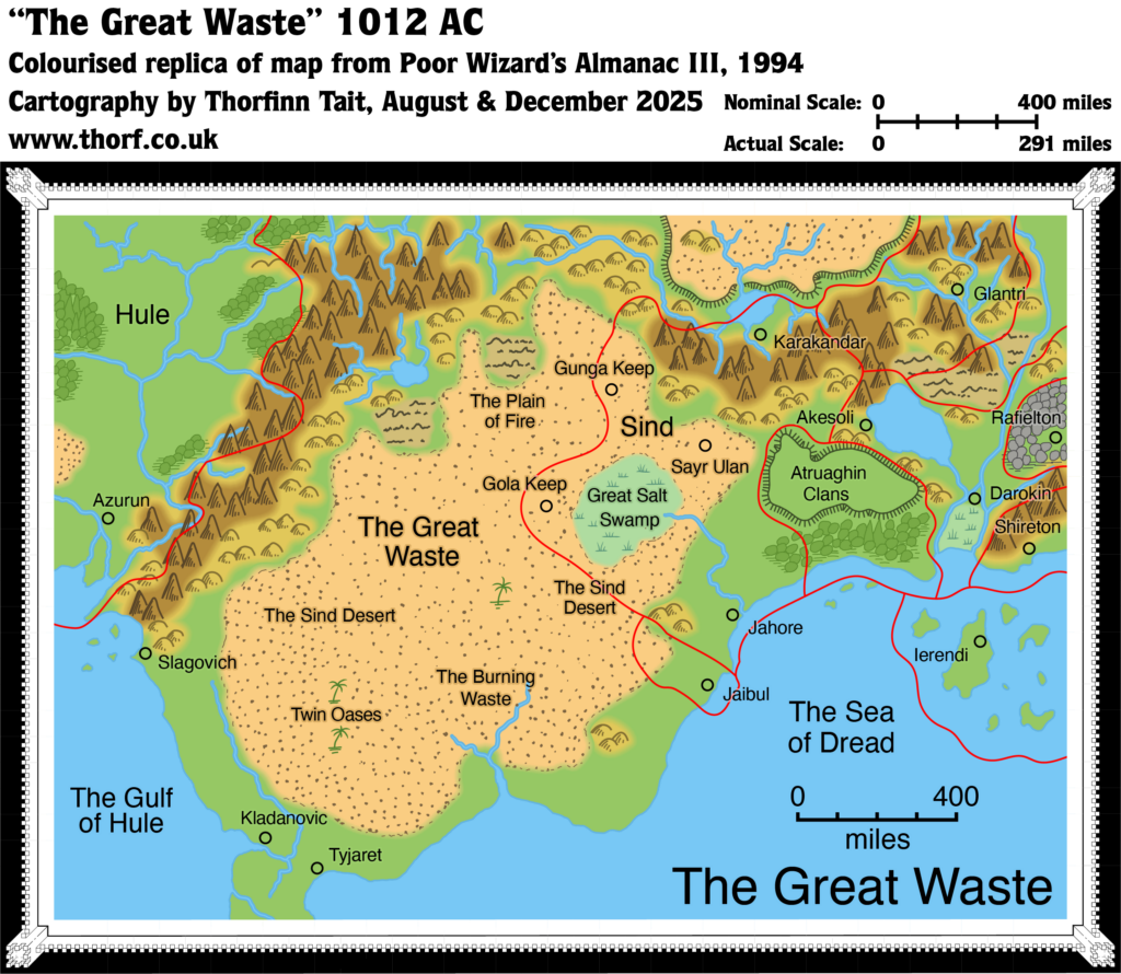 Colourised Replica Map of Poor Wizard’s Almanac III map of the Great Waste, August 2025