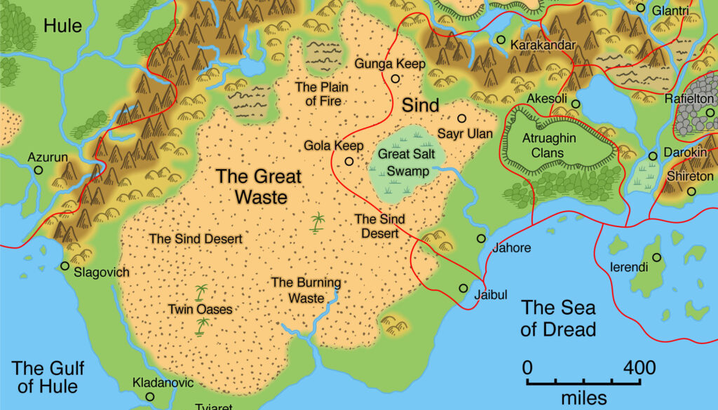 Colourised Replica Map of Poor Wizard’s Almanac III map of the Great Waste, August 2025