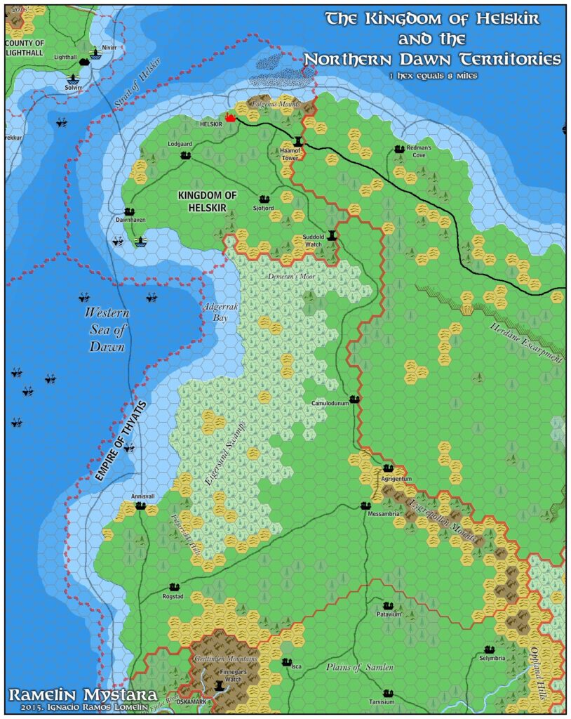 The Kingdom of Helskir and the Northern Dawn Territories, 8 miles per hex by Jose Ignacio Ramos Lomelin, February 2016