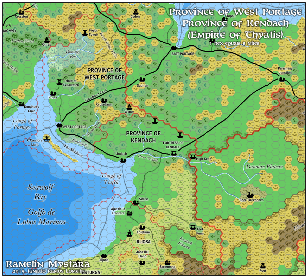 The Provinces of Kendach and West Portage, 8 miles per hex by Jose Ignacio Ramos Lomelin, January 2016