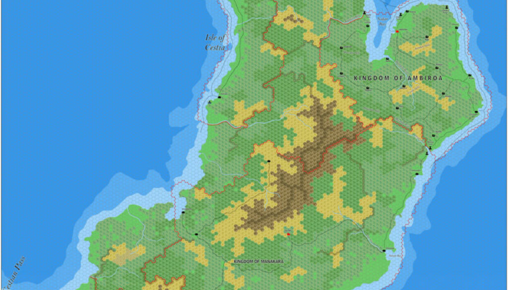 The Kingdoms of the Isle of Cestia, 8 miles per hex by Jose Ignacio Ramos Lomelin, December 2016 (version 1)