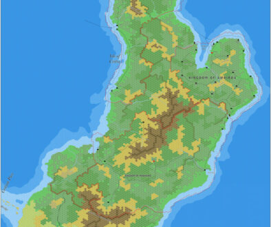 The Kingdoms of the Isle of Cestia, 8 miles per hex by Jose Ignacio Ramos Lomelin, December 2016 (version 1)