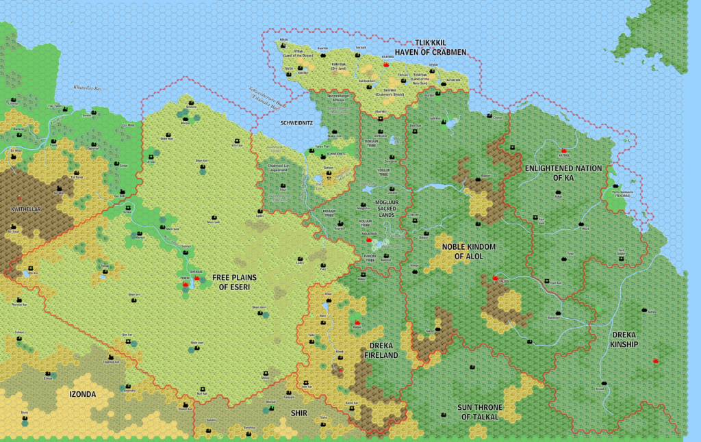 Eseri, Alol, Ka, and other nations of the Silver Coast, 8 miles per hex by Jose Ignacio Ramos Lomelin, January 2017 (version 1)