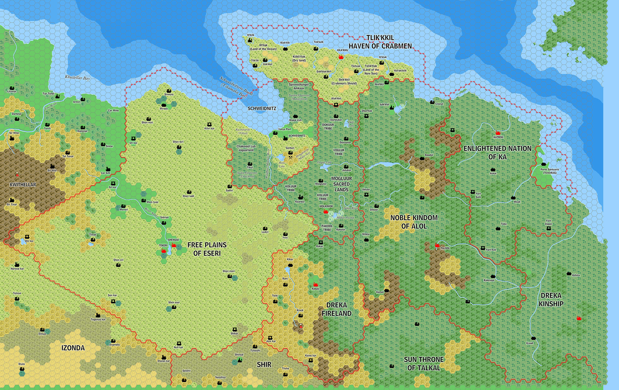 Eseri, Alol, Ka, and other nations of the Silver Coast, 8 miles per hex by Jose Ignacio Ramos Lomelin, May 2017 (version 2)
