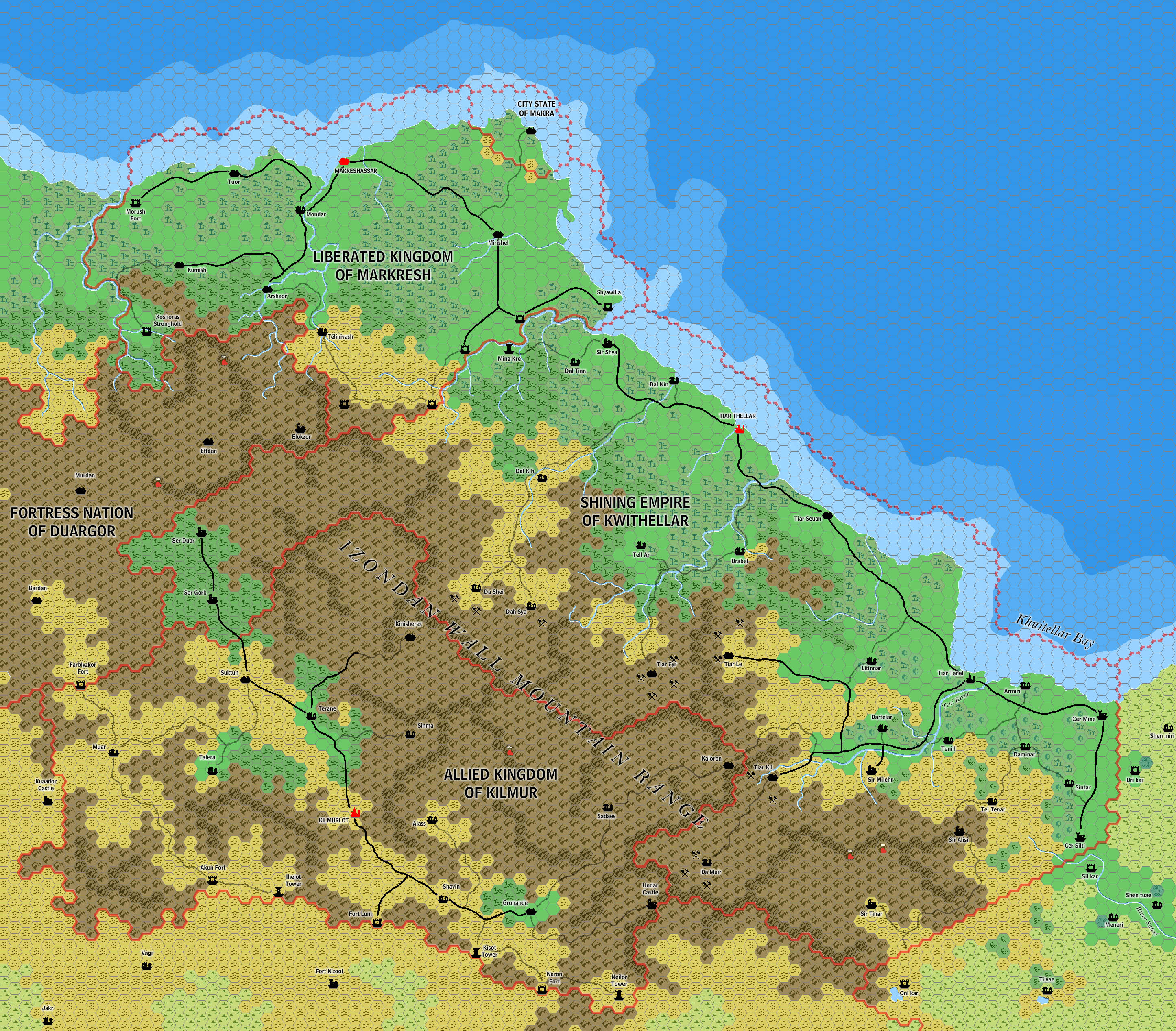 The Silver Coast: Kwythellar, Markresh and Kilmur, 8 miles per hex by Jose Ignacio Ramos Lomelin, May 2017