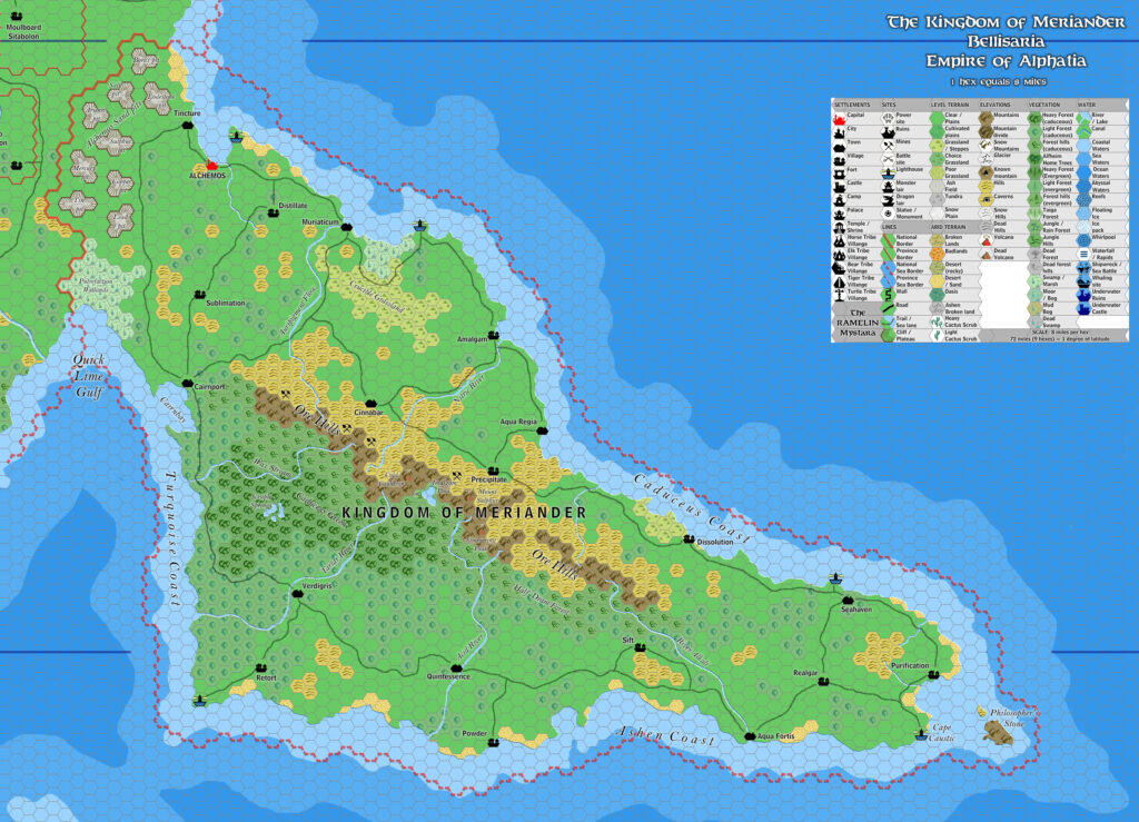 The Kingdom of Meriander, 8 miles per hex by Jose Ignacio Ramos Lomelin, July 2017 (version 2)