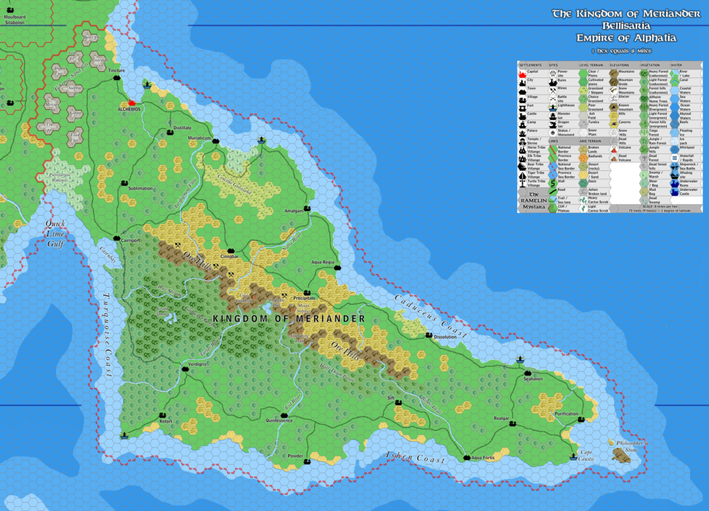 The Kingdom of Meriander, 8 miles per hex by Jose Ignacio Ramos Lomelin, July 2017 (version 2)