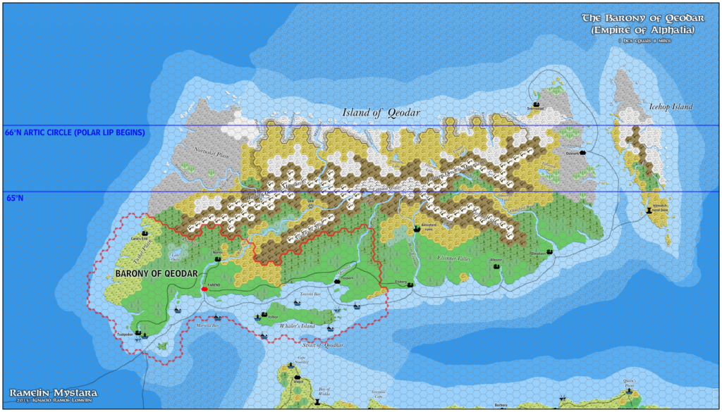 Kingdom of Qeodhar, 8 miles per hex by Jose Ignacio Ramos Lomelin, March 2018 (version 2)