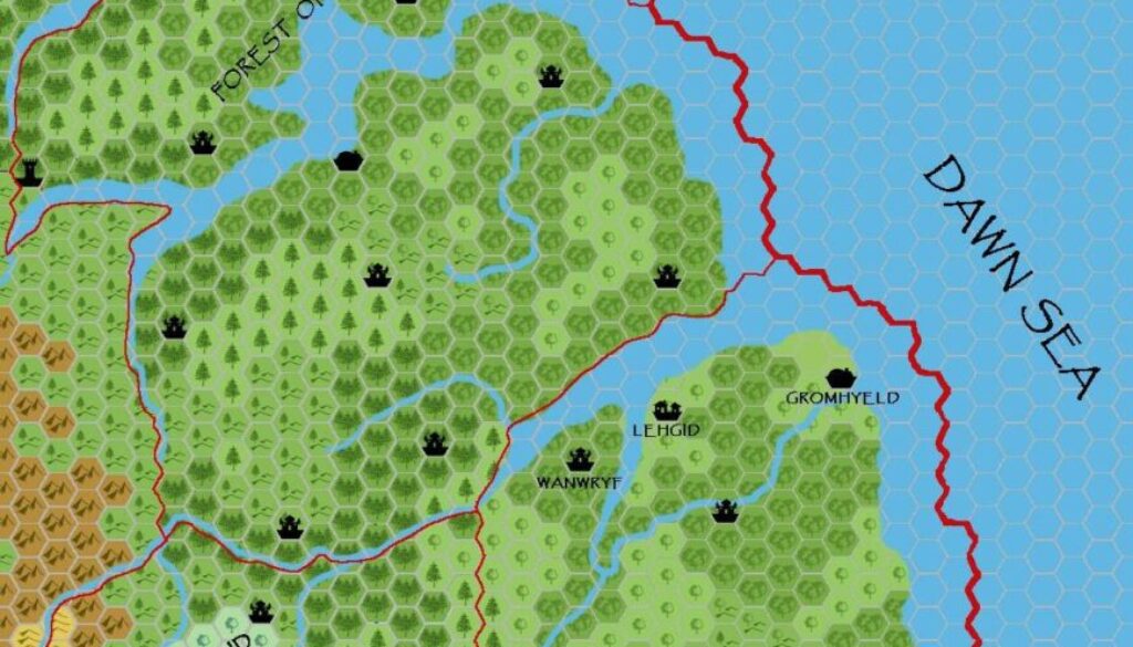 Shimmering Lands Southeast 2300 BC, 8 miles per hex, by John Calvin, March 2009